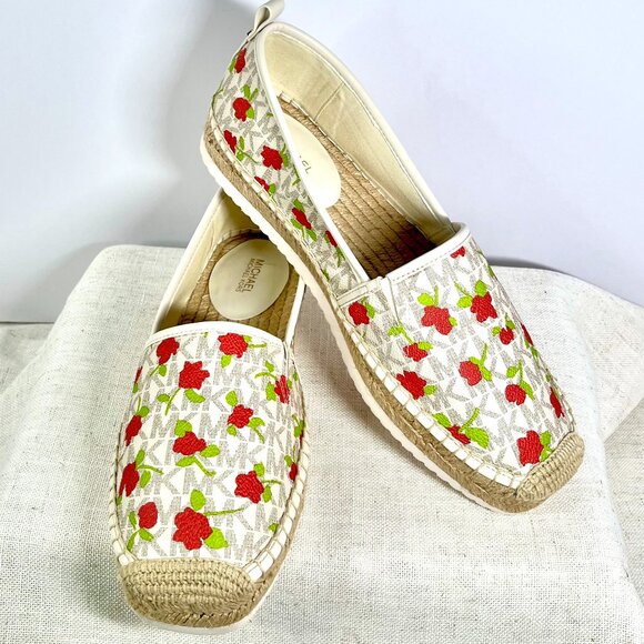 New Michael Kors Red Floral Espadrille Flats MK Monogram Summer Floral slip-ons - Picture 1 of 16